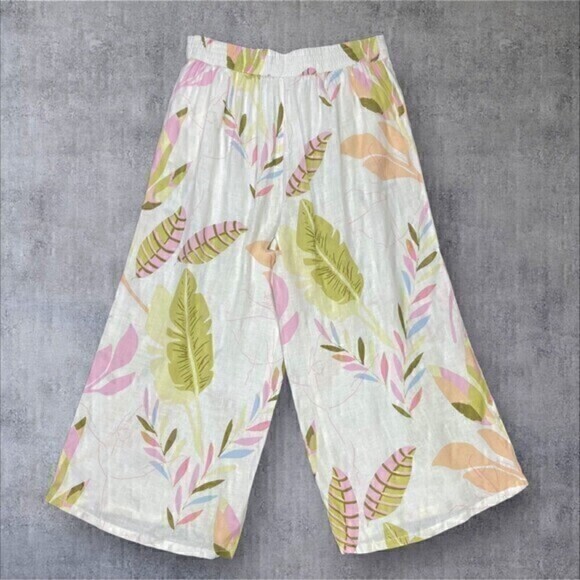 Cynthia Rowley Linen Pants Womens L Cream Tropical Print Wide Leg Crop Pull On - Picture 7 of 15